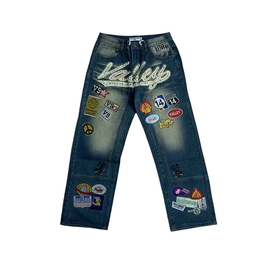 Vale Forever Rhinestone Patchwork Oversized Blue Denim Jeans